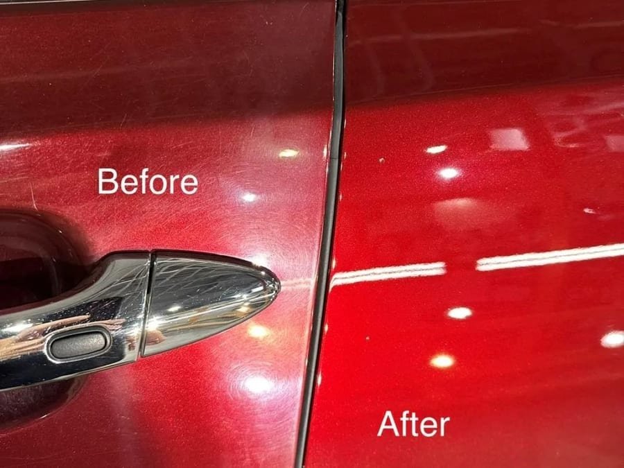 Red car door before and after paint correction
